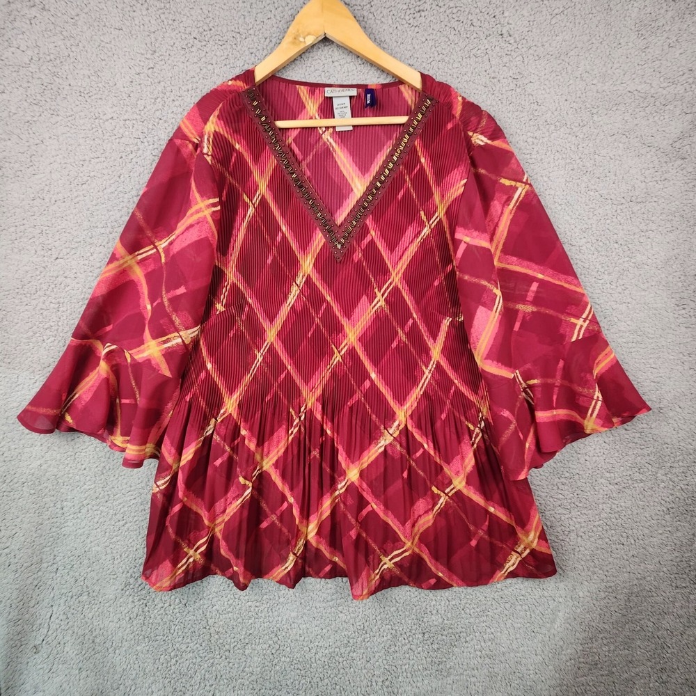 Catherines Top‎ Womens Size 2XW Petite Accordian Pleated Shirt Red Plaid Flare